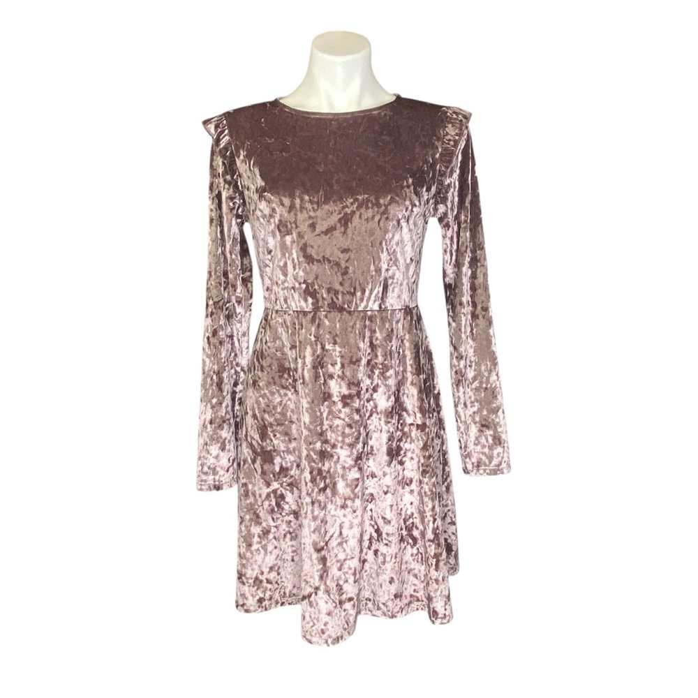 MOSSIMO Long Sleeve Crushed Velvet Ruffle Shoulder Dress Pink Medium